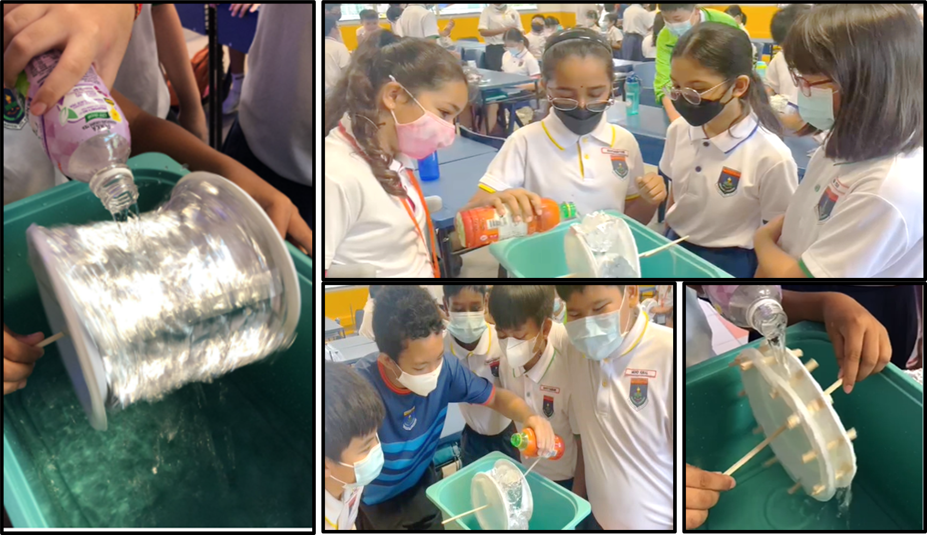 Students in masks pour water on foil-wrapped wheels with sticks in a classroom activity.